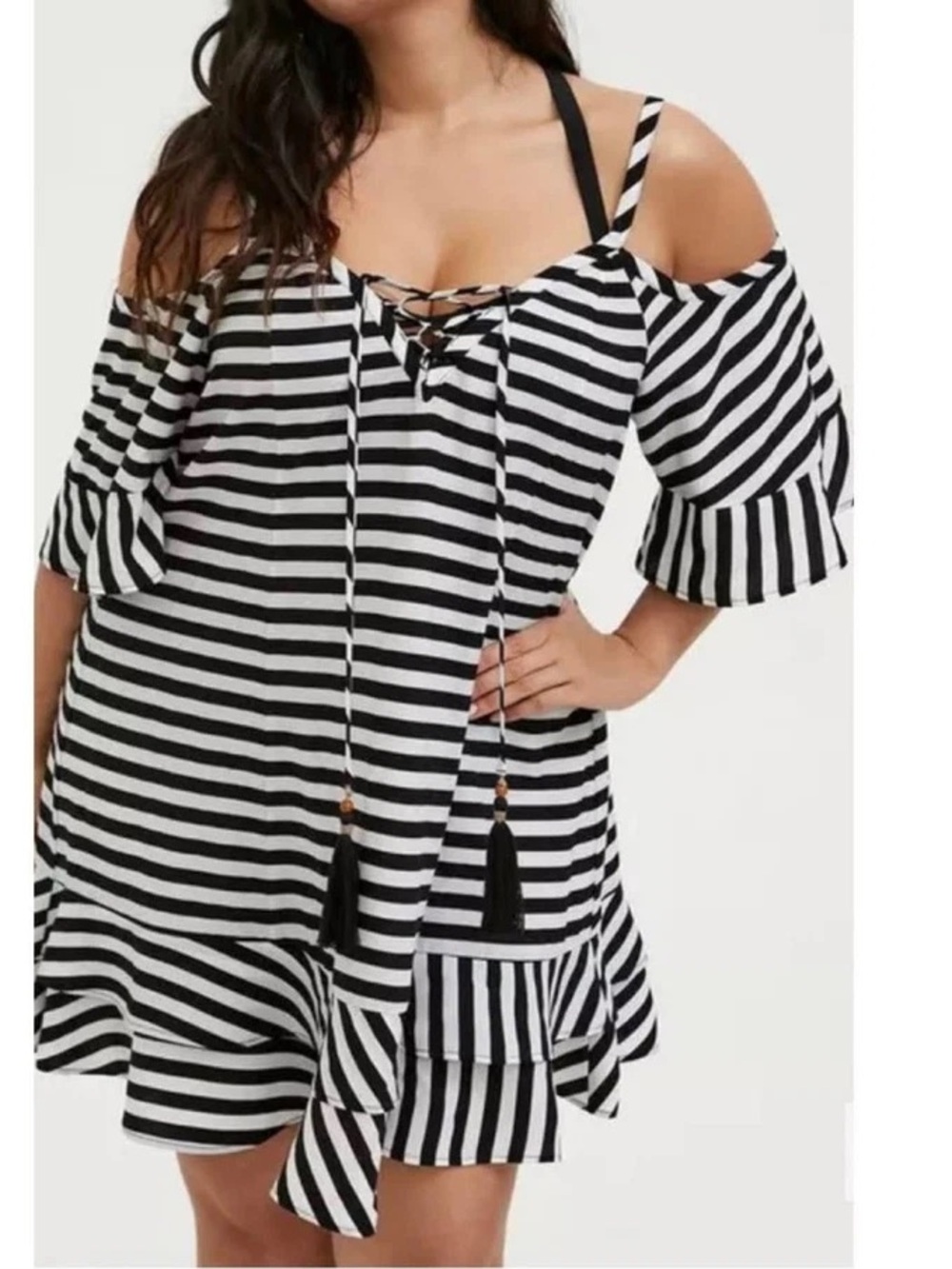 EUC! Torrid Black & White Stripe Cold Shoulder Dress Swim Cover-Up size 4 4X